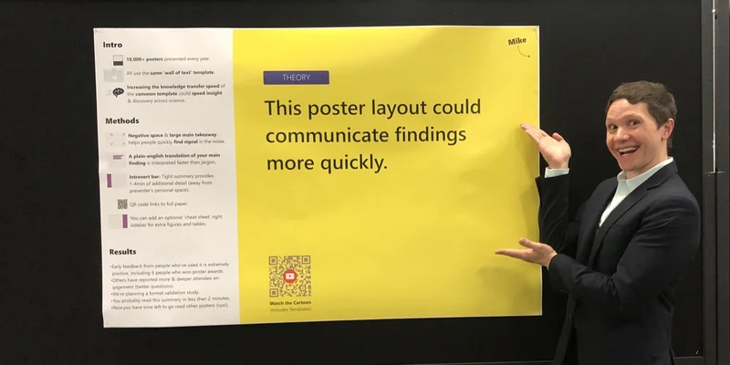 Mike Morrison presenting the Better Poster layout: a narrow sidebar of small print beside a large yellow panel reading "This poster layout could communicate findings more quickly"